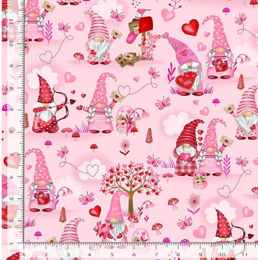 Gnomes Pink Valentine Gnomes Cotton Fabric- 100% Cotton - Continuous Cuts - GAIL CD2378