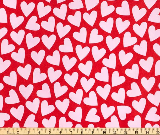 Pink Hearts on Red-  100% Cotton-