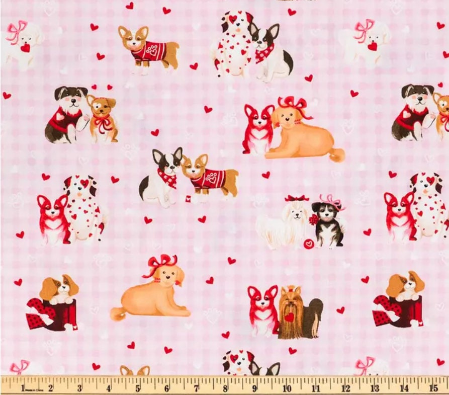 Valentine's Day Dogs Cotton Fabric - 100% Cotton- Continuous Cuts