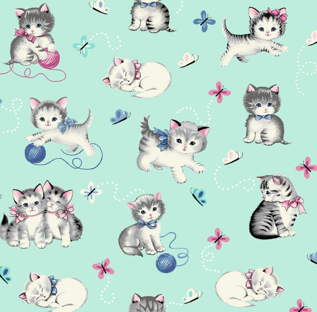 Little Darlings Kittens on Mint Vintage kittens cotton fabric - 100% Cotton - Fabric - Continuous Cuts