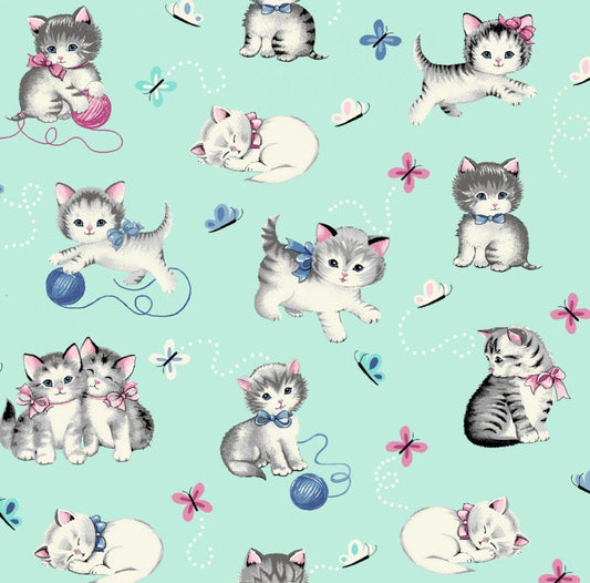 Little Darlings Kittens on Mint Vintage kittens cotton fabric - 100% Cotton - Fabric - Continuous Cuts