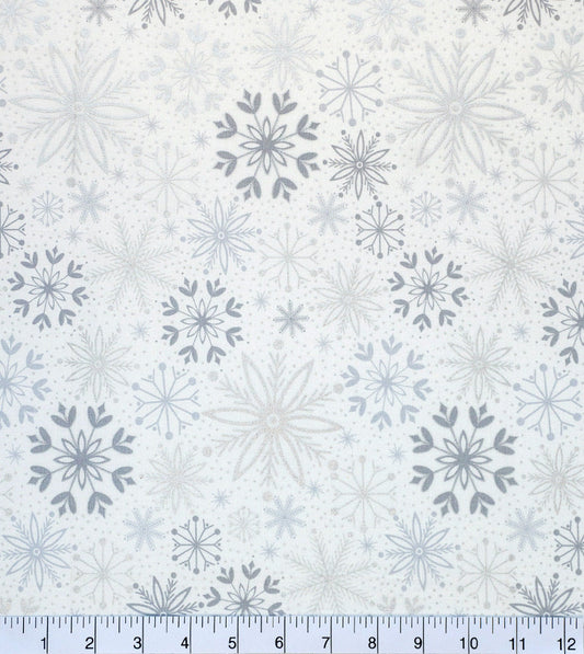 Large Foil Snowflake Christmas Cotton white fabric- metallic accent - 100% Cotton