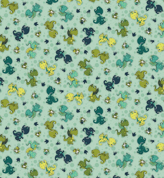 Born to Roar Teal Dino’s Dinosaur Cotton Fabric Cute- roar- continuous cuts Henry Glass