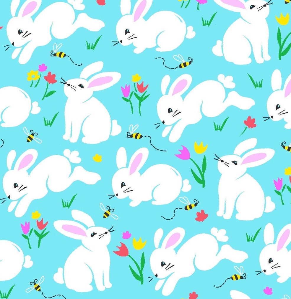 FL-Spring Holidays D45-E Blue - Hippity Hop Bunny Hop- 100% Cotton Continuous Cuts
