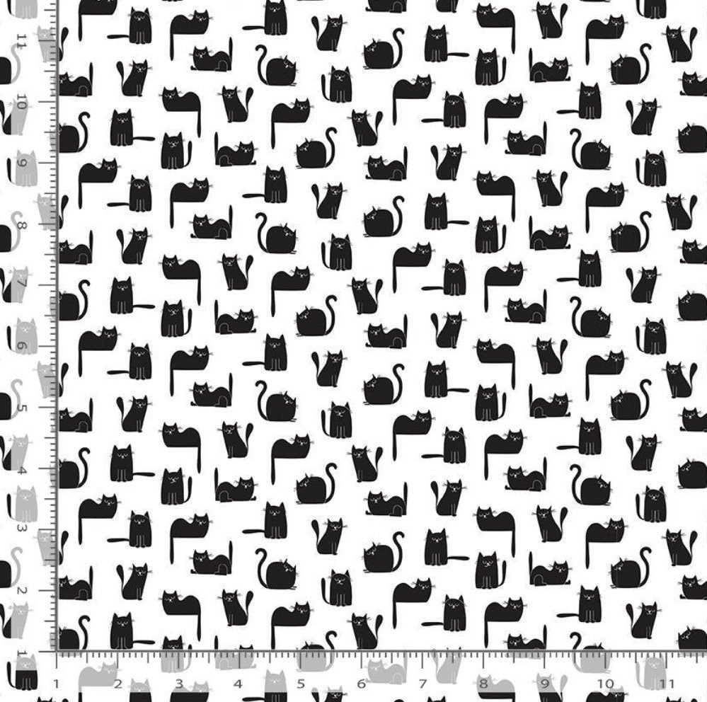 White tossed Black Cats Cotton Fabric - 100% Cotton- Continuous Cuts -