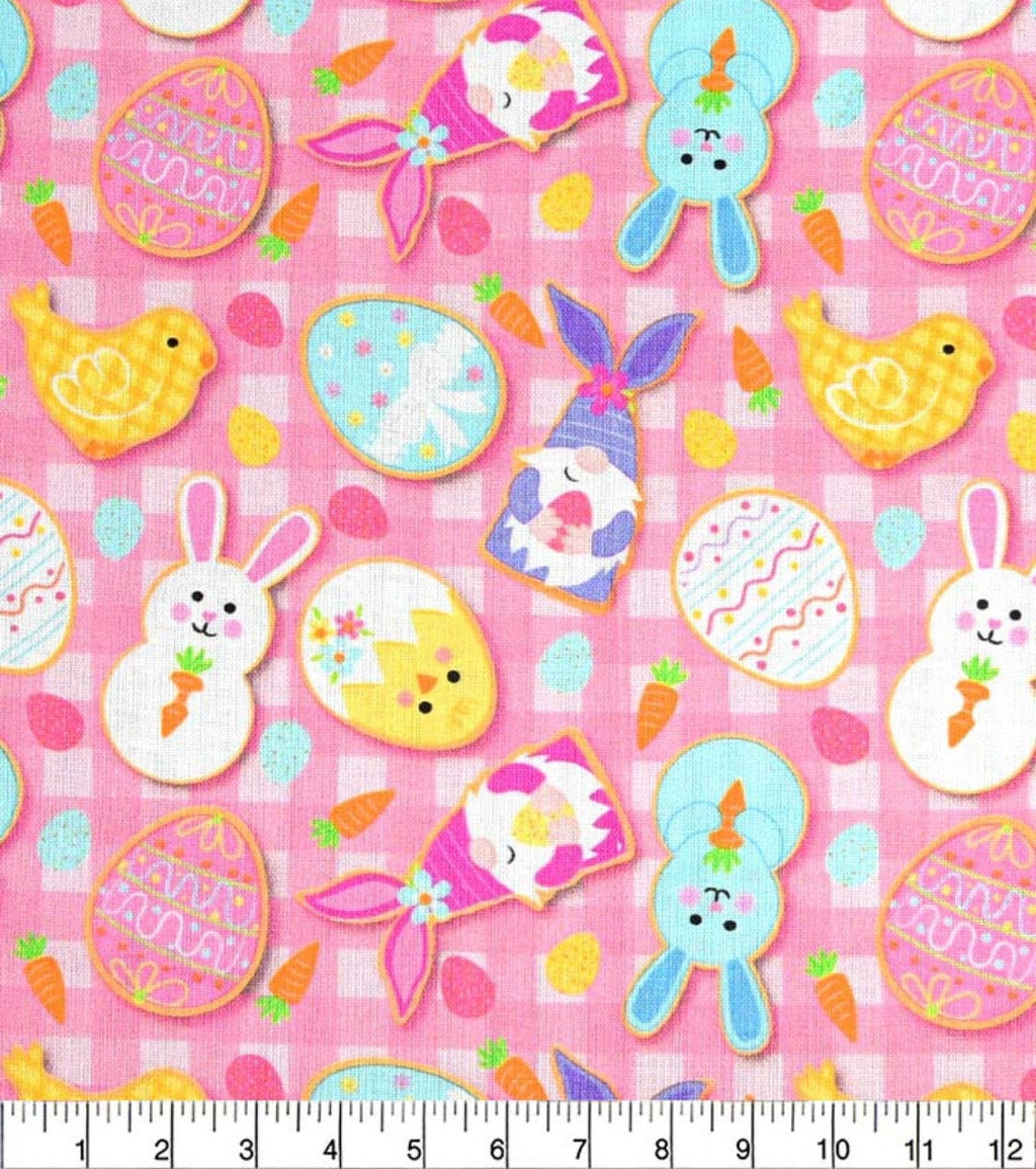 Easter Cookies on Pink Plaid cotton fabric 100% Cotton Continuous Cuts
