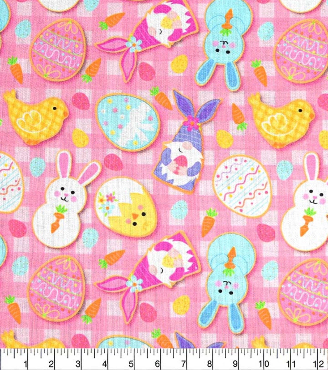 Easter Cookies on Pink Plaid cotton fabric 100% Cotton Continuous Cuts