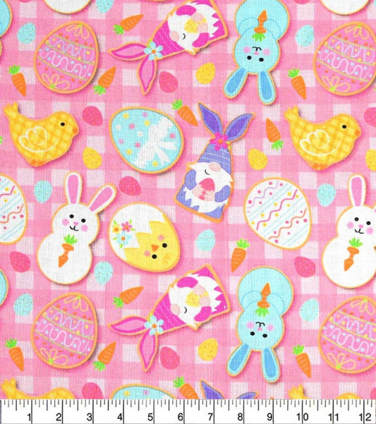 Easter Cookies on Pink Plaid cotton fabric 100% Cotton Continuous Cuts