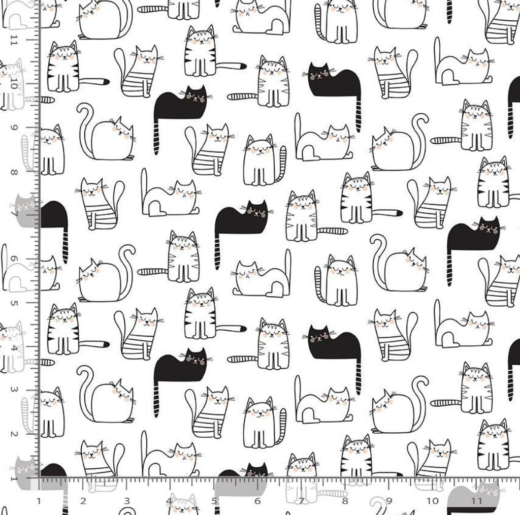 White Cats Nap Time Cotton Fabric - 100% Cotton- Continuous Cuts