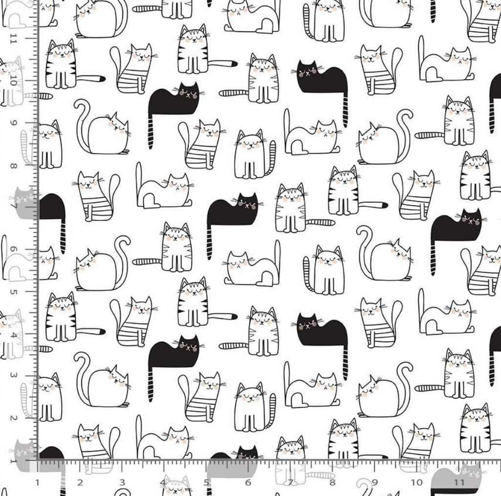 White Cats Nap Time Cotton Fabric - 100% Cotton- Continuous Cuts
