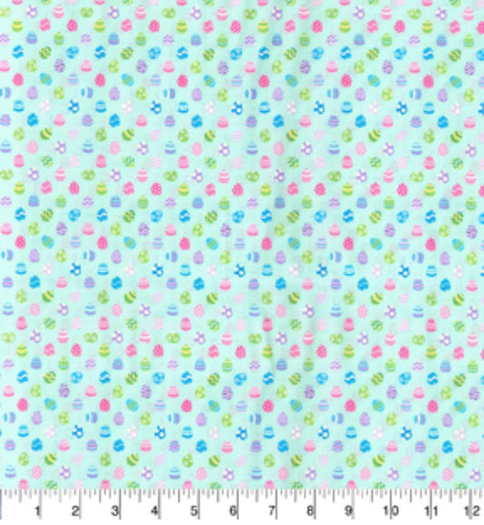 Aqua Green Patterned Eggs Easter Fabric Accent- 100% Cotton Continuous Cuts