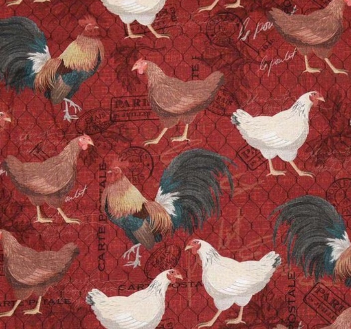 Roosters on Red- cotton Fabric - 100% Cotton