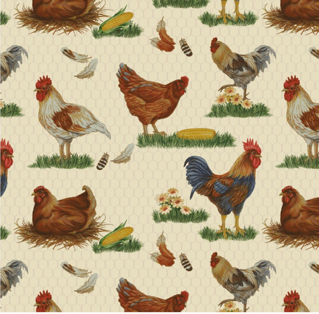 The Chicken Club Chickens on Cream 7407 43 CREAM/MULTI - 100% Cotton  - Fat Quarters  and continuous cuts