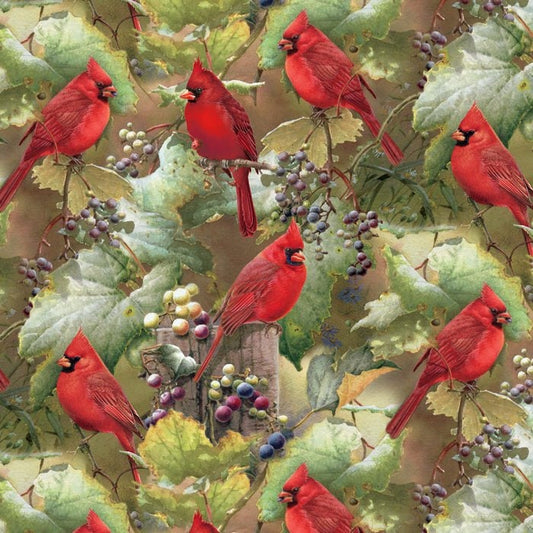 Red Cardinals in the Orchard Holiday Fabric 100% Cotton - Fabric- continuous cuts