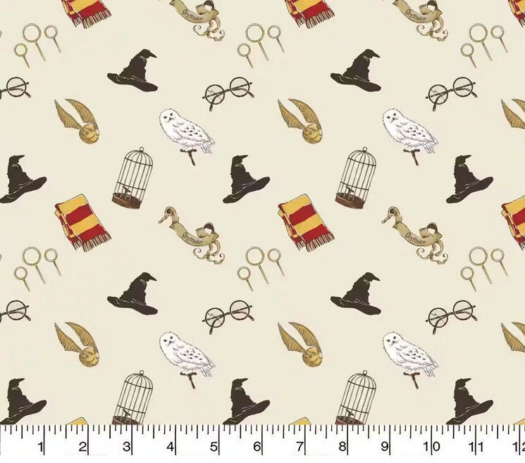 Camelot Harry Potter Icons on Cream Cotton fabric - 100% Cotton -