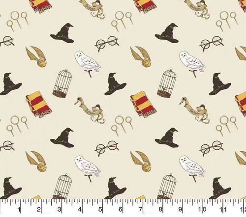 Camelot Harry Potter Icons on Cream Cotton fabric - 100% Cotton - Licensed Fabric