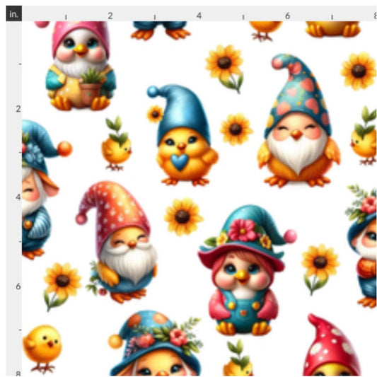 Chicken Gnomes Cotton Fabric - 100% Cotton -continuous cuts-Drewie Pie Fabrics Exclusive Print