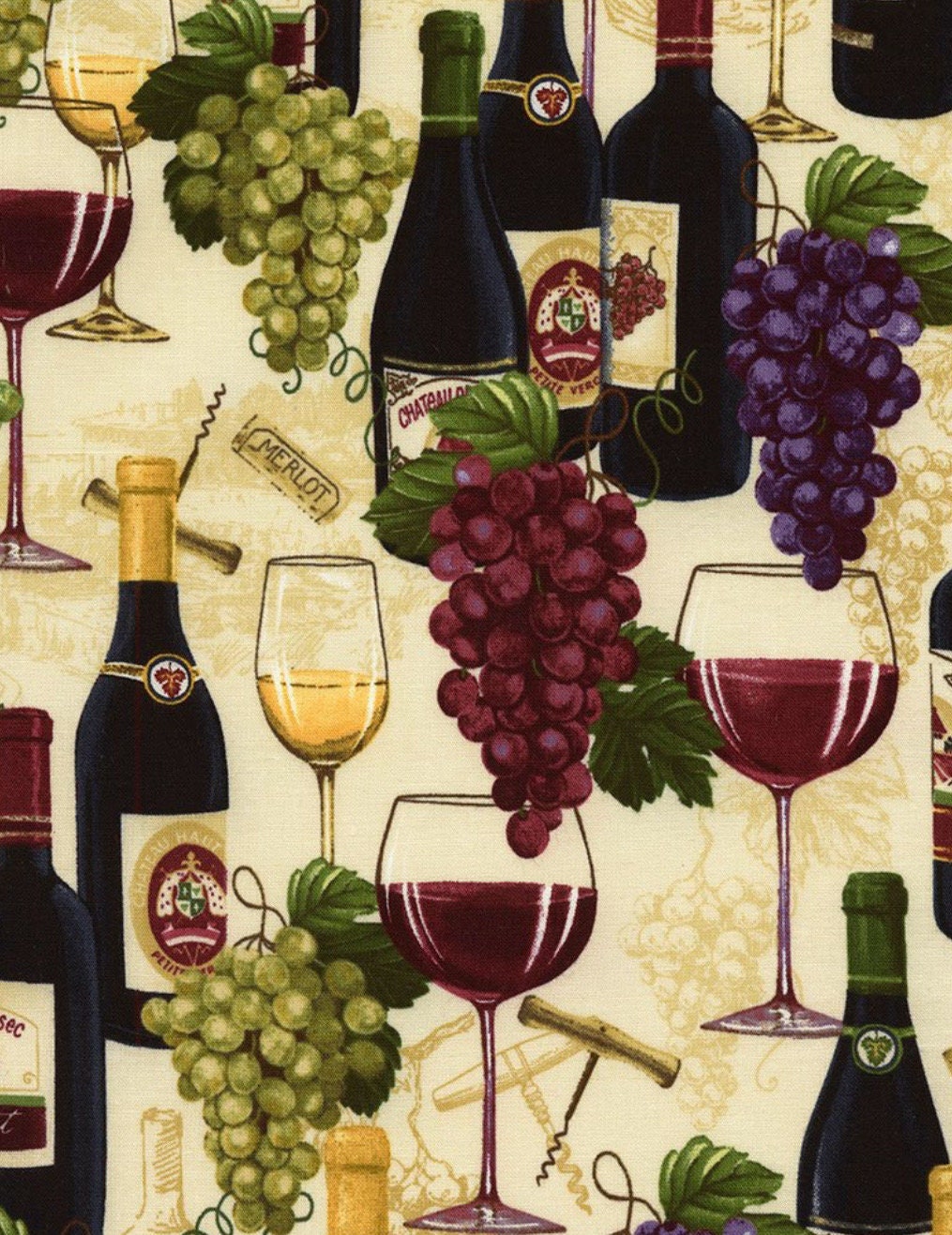 Wine Bottles and Grapes Cotton Fabric 100% Cotton -Wine - food