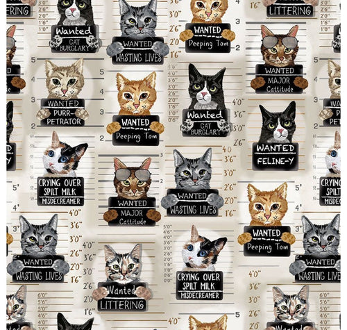 Cat Mugshots Beige Cotton Fabric - 100% Cotton- Continuous Cuts Timeless Treasures