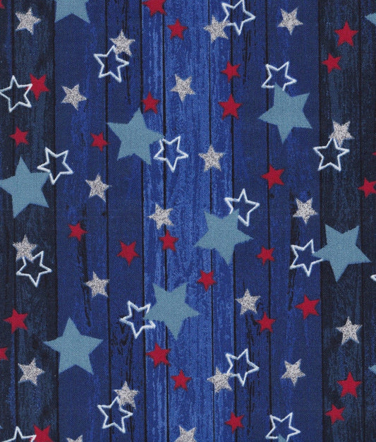 Blue Plank with Stars Glitter Accent fabric 100% Cotton - America