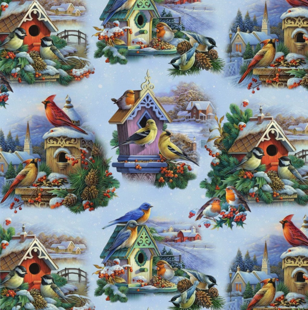 Winter Song Birds Holiday Fabric -100% Cotton - Fabric- continuous cuts