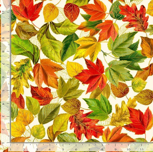 Metallic Fall Leaves Cotton Fabric- 100% Cotton - Autumn -HARVEST CM2803 CREAM