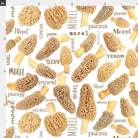 Morel mushrooms on white fabric-  100% Cotton -