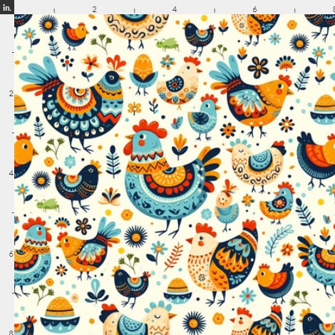 Pioneer Chickens and Roosters cotton Fabric - 100% Cotton Continuous Cuts
