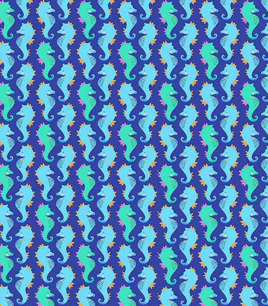 Packed Sea Horses cotton fabric continuous cuts- 100% Cotton HF  HJ C1077 BLUE