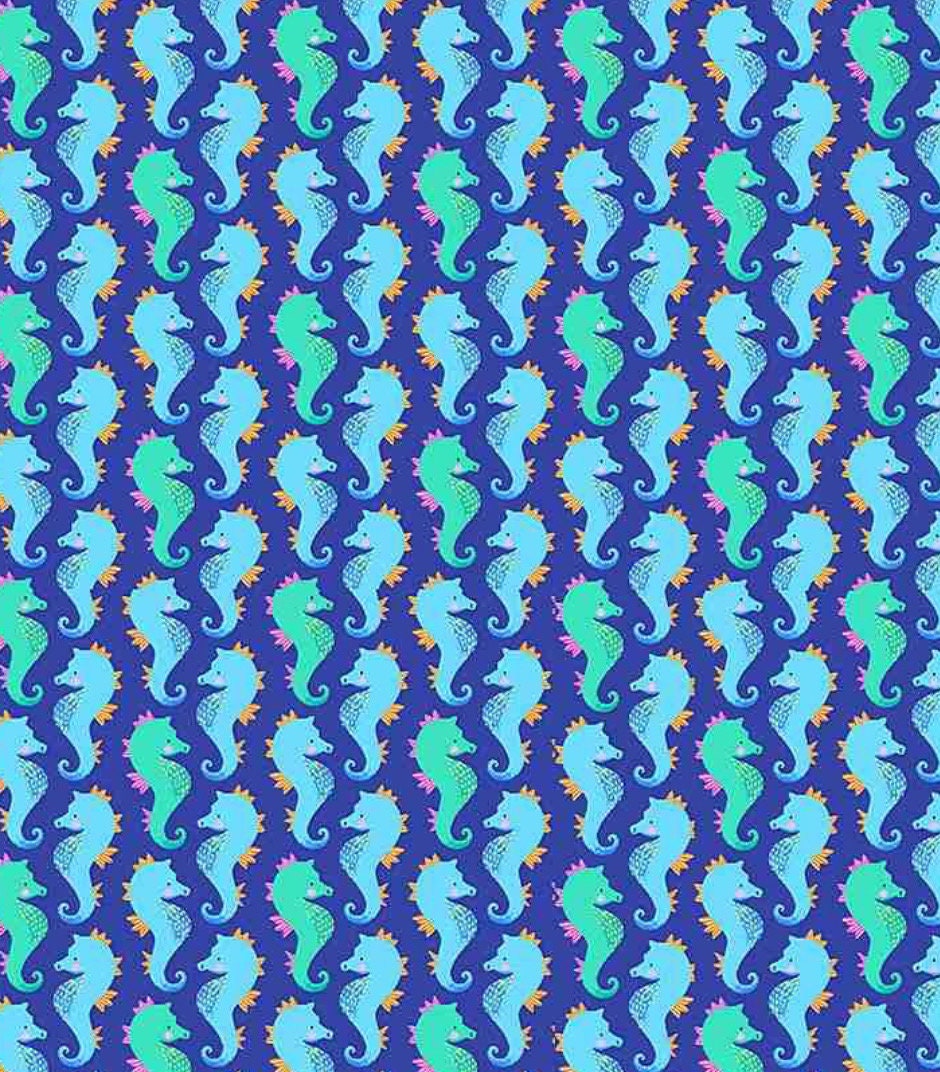 Packed Sea Horses cotton fabric continuous cuts- 100% Cotton HF HJ C1077 BLUE
