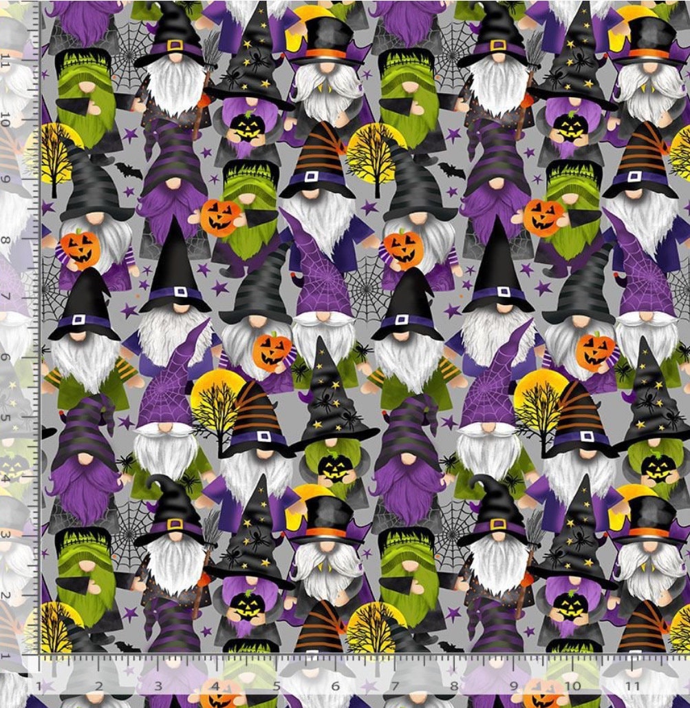 Grey Halloween Gnomes cotton fabric- Halloween Party Gnomes - continuous cuts Timeless Treasures GAIL CD2874