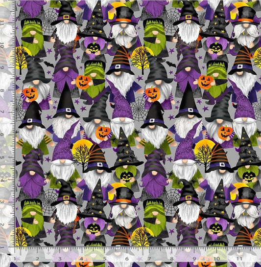 Grey Halloween Gnomes cotton fabric- Halloween Party Gnomes - continuous cuts Timeless Treasures GAIL CD2874