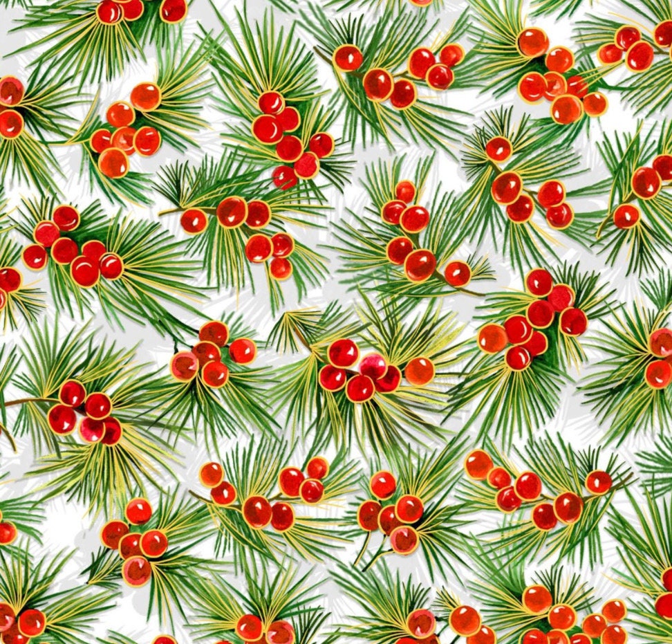 White Holly Christmas cotton fabric- continuous cuts-Oasis Fabrics - cotton fabric- fast shipping! NOEL (2024) 59 7181 WHITE HOLLY