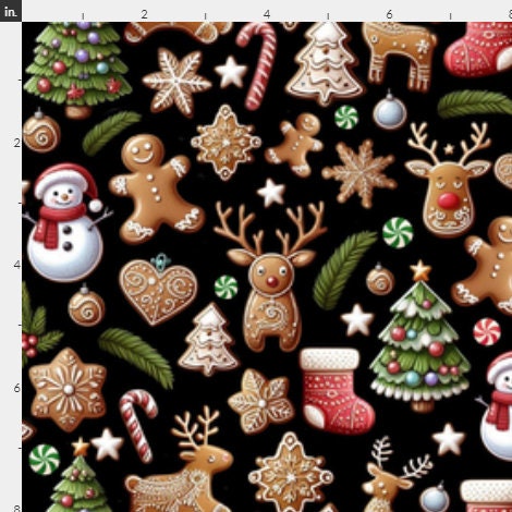 Christmas Cookies on Black cotton fabric 100% Cotton - Gingerbread Cookies - Drewie Pie Exclusive Print