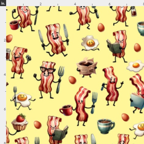 Bacon and Eggs on Yellow 100% Cotton fabric -Continuous Cuts