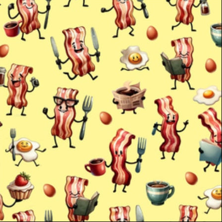 Bacon and Eggs on Yellow 100% Cotton fabric -Continuous Cuts