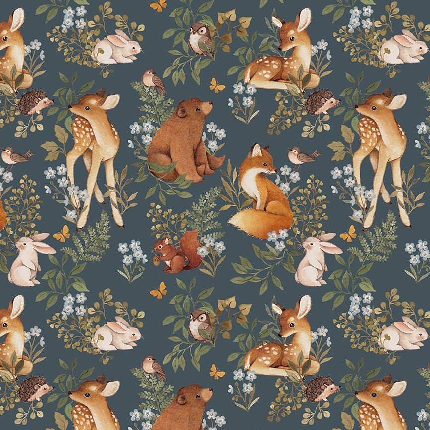 Forest Stories Woodland Cotton fabric- - 100% Cotton - Continuous cuts- Deer Bear Bird Bunny Stella-DNS2308