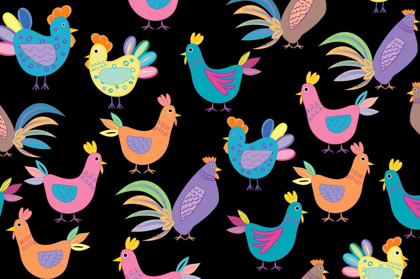 Patterned Chicken Fabric - Hens and Chicks on Black- 100% Cotton -
