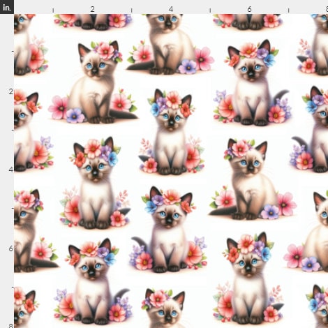 Floral Siamese Kitty Cotton Fabric- Fat Quarter - 100% Cotton - Fabric - Cat Fabric