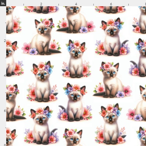 Floral Siamese Kitty Cotton Fabric- Fat Quarter - 100% Cotton - Fabric - Cat Fabric
