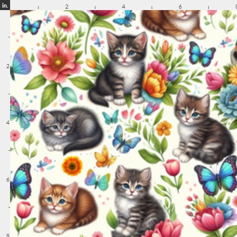 Kitties and Butterflies Cotton Fabric- 100% Cotton - Fabric - Cat Fabric