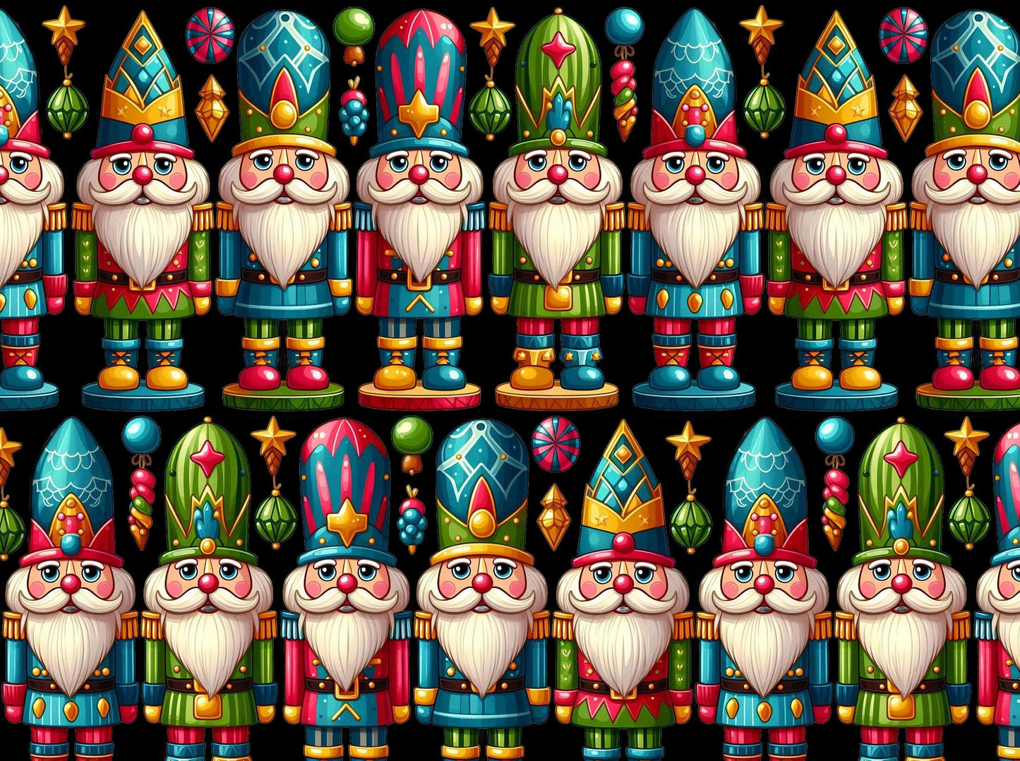 Gnome Nutcrackers on Black Christmas Fabric 100% Cotton -Continuous Cuts