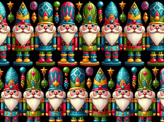 Gnome Nutcrackers on Black Christmas Fabric 100% Cotton -Continuous Cuts