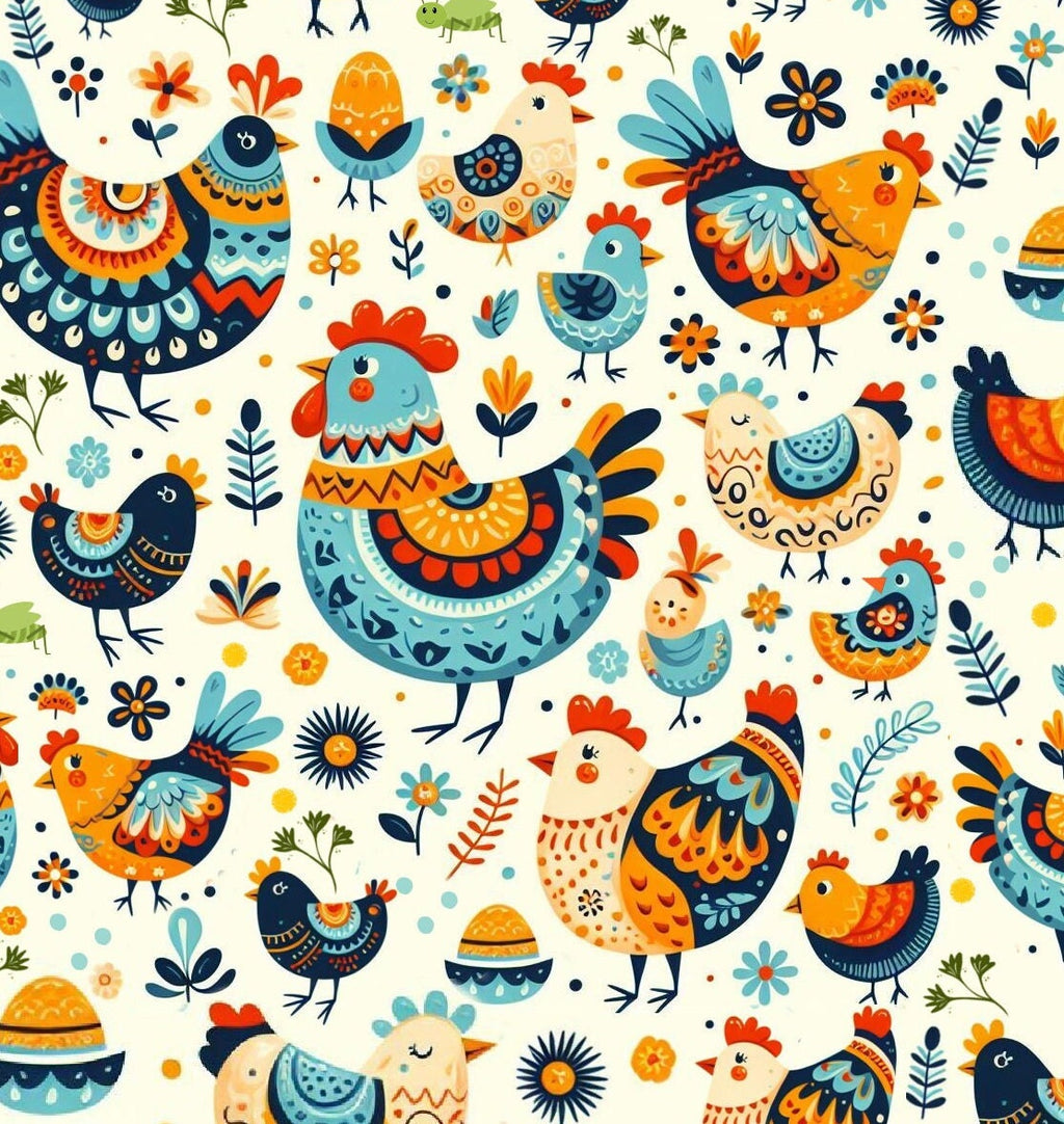 Pioneer Chickens and Roosters cotton Fabric - 100% Cotton Continuous Cuts