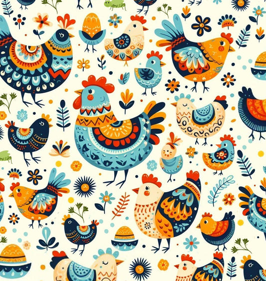 Pioneer Chickens and Roosters cotton Fabric - 100% Cotton Continuous Cuts