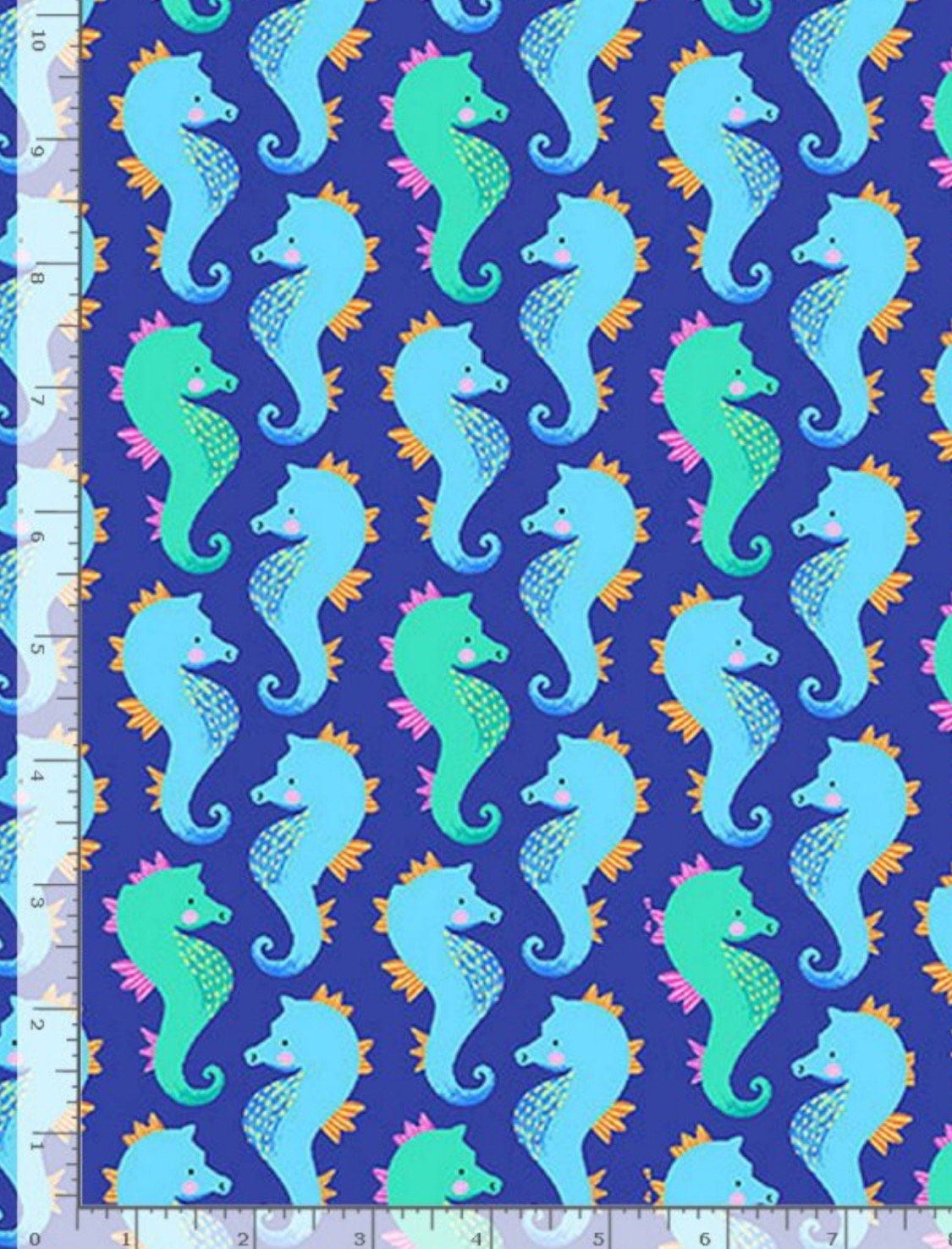 Packed Sea Horses cotton fabric continuous cuts- 100% Cotton HF  HJ C1077 BLUE