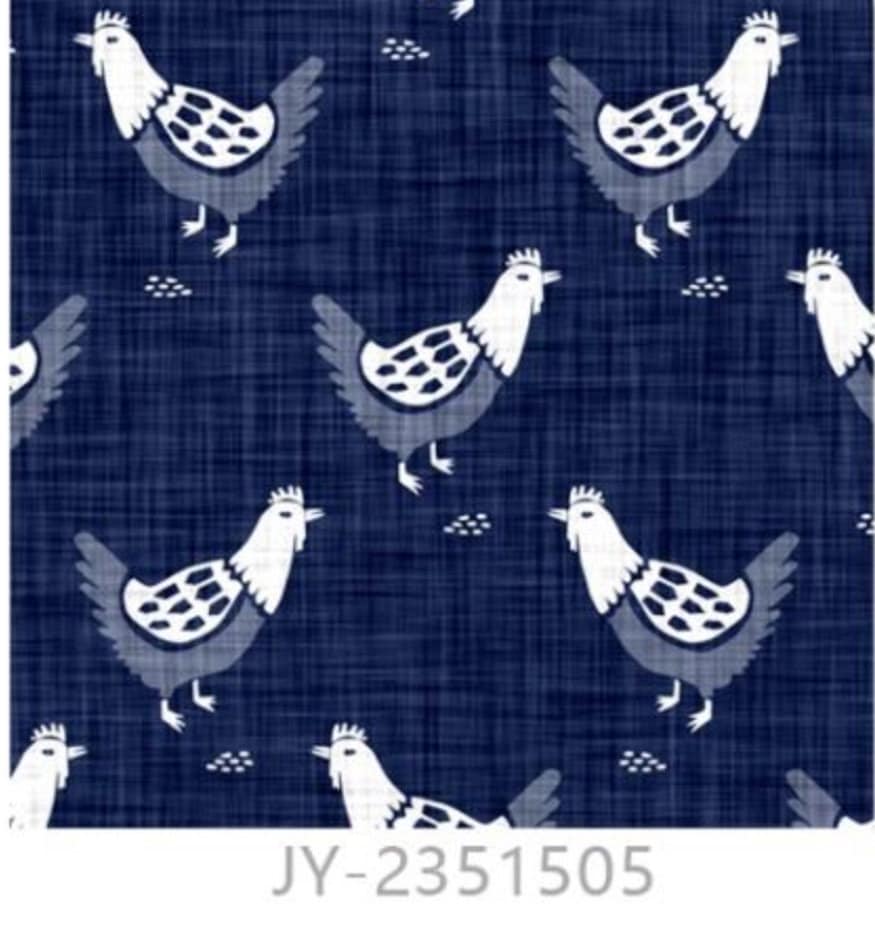 Navy Chickens Roosters cotton Fabric - 100% Cotton