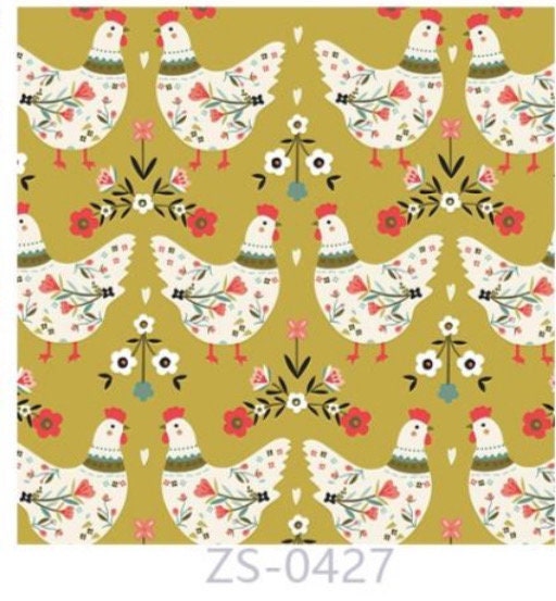 Mustard Yellow Chickens and Roosters cotton Fabric - 100% Cotton -Continuous Cuts