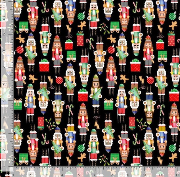 Nutcrackers on Black 100% Cotton fabric- Continuous Cuts - Fast shipping TT-Holiday CD2887 Black - Nutcrackers Christmas Memories