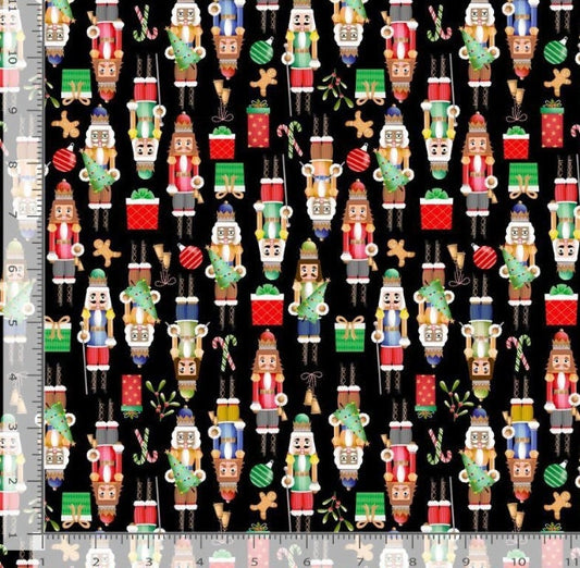 Nutcrackers on Black 100% Cotton fabric- Continuous Cuts - Fast shipping TT-Holiday CD2887 Black - Nutcrackers Christmas Memories